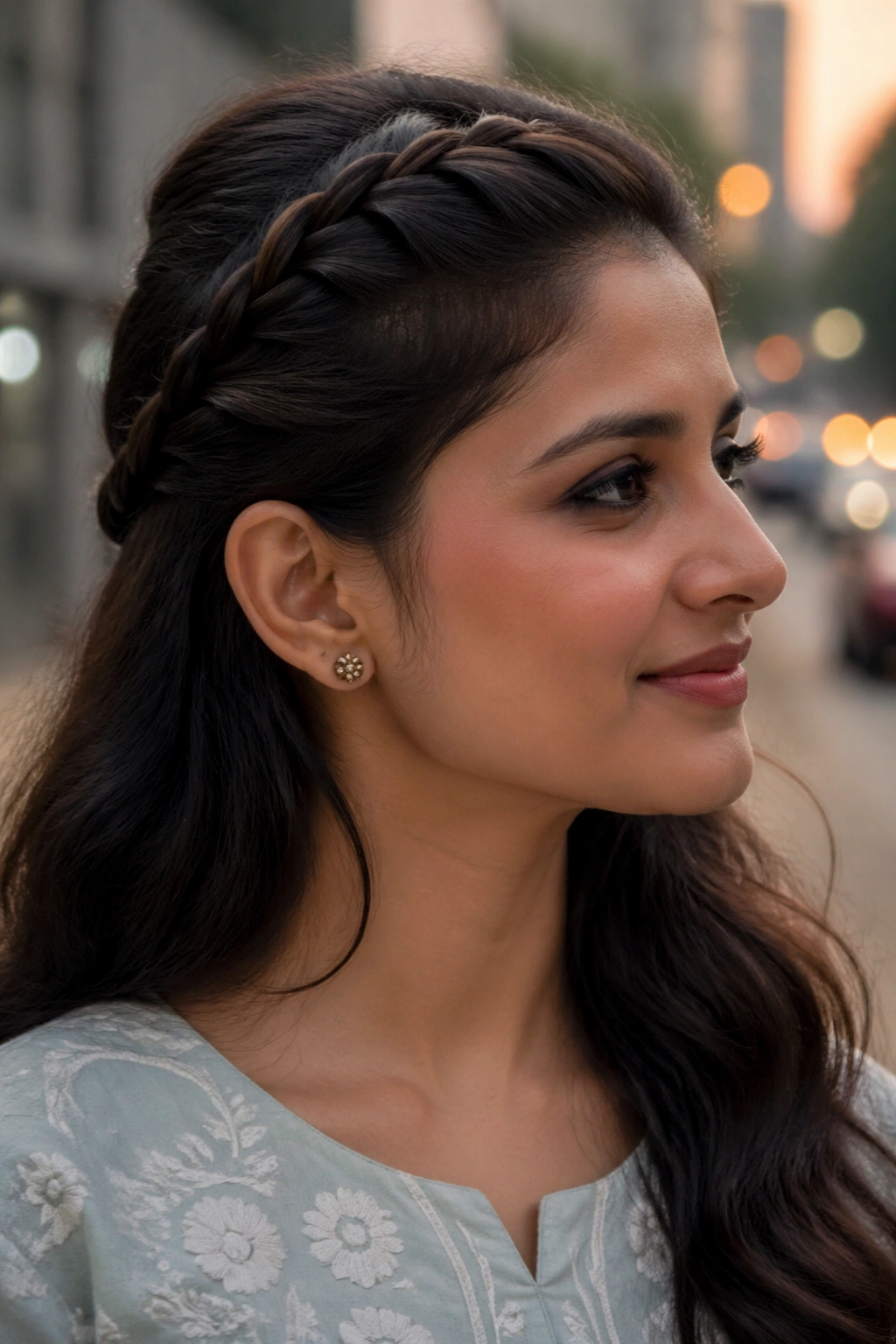 Close-up portrait of a real woman with a rope braid at the side of the head.