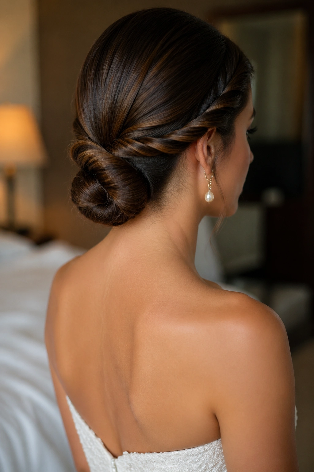 Close-up of a real bride with rope braid forming a low bun at the nape