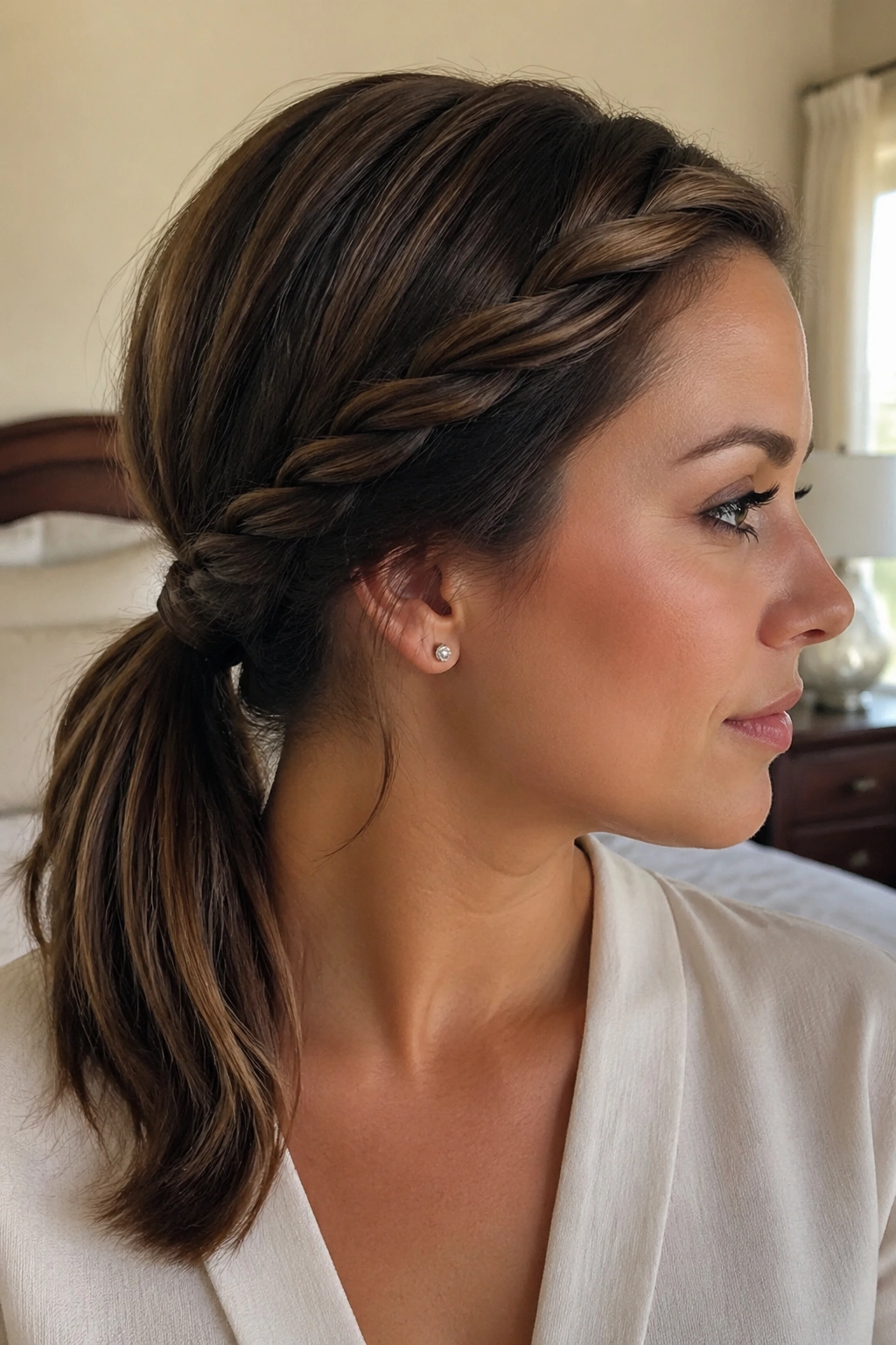 Close-up of a real woman with a side-swept rope braid into a low ponytail in warm window light