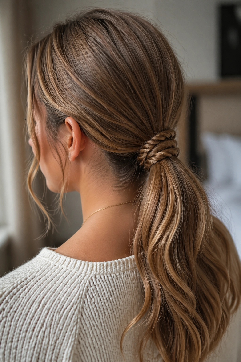 Close-up of real person with rope braid wrapped around low ponytail