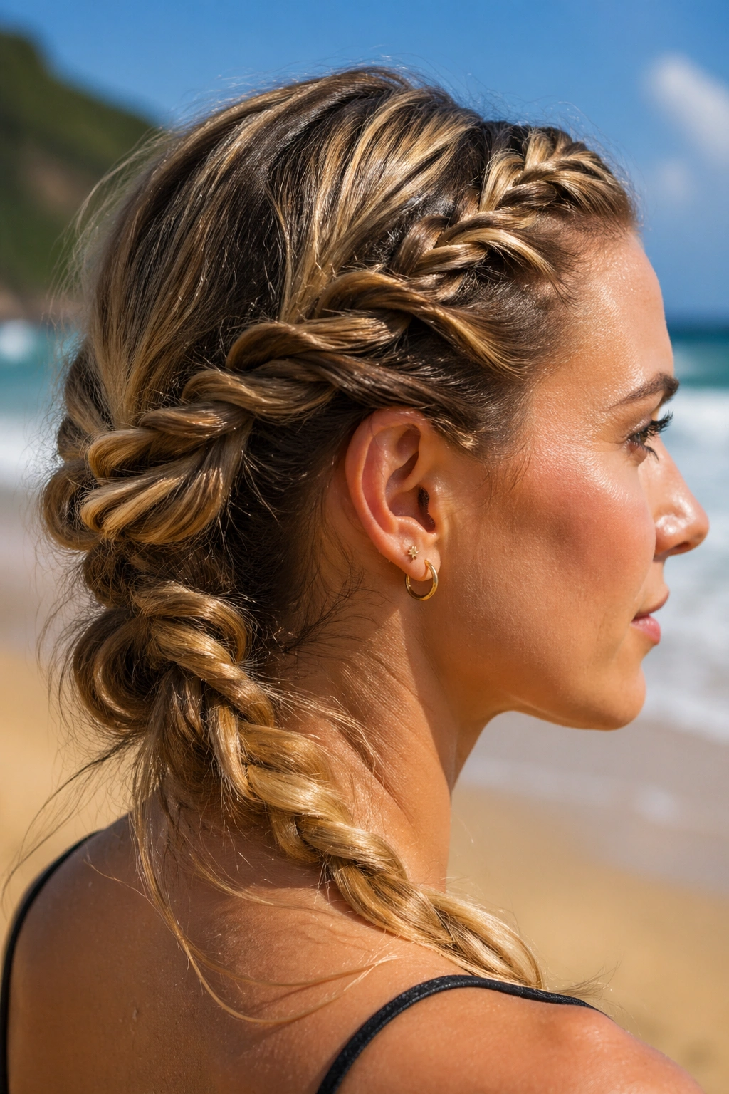 Close-up of a real person with a two-strand rope mermaid braid on a sunlit beach