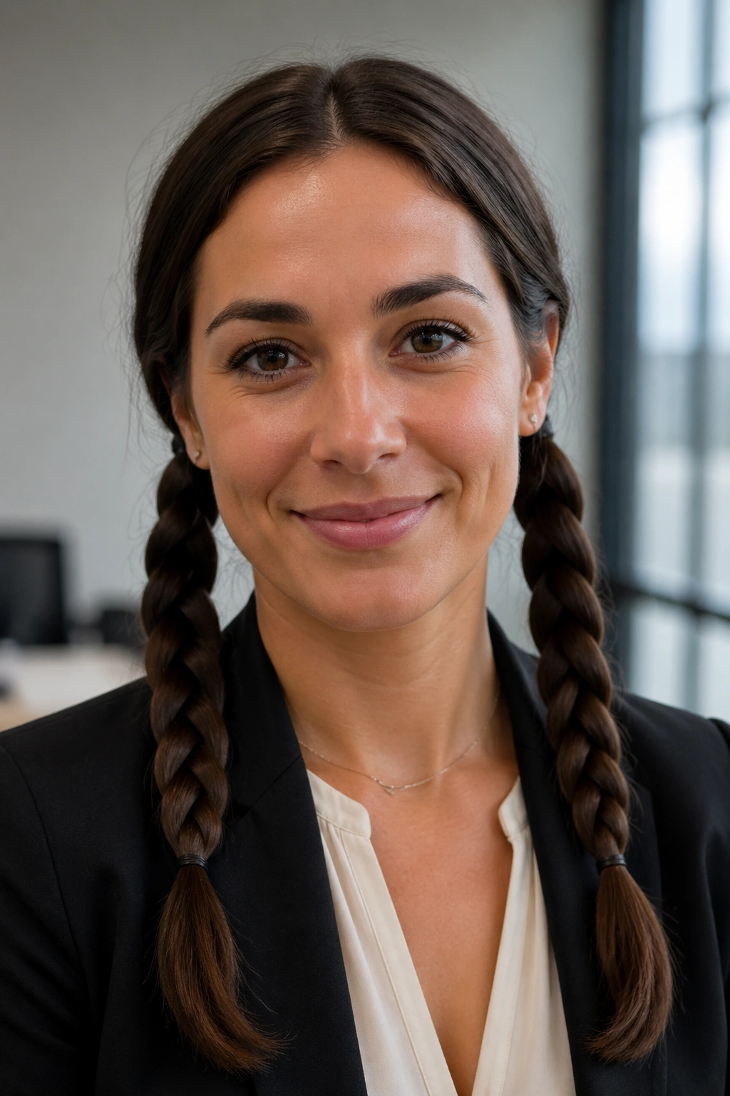 Close-up of a real woman with rope braid pigtails in a modern workspace