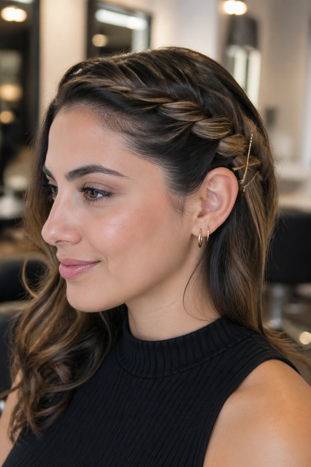 Close-up of real person with a rope braid swept back and pinned behind the ear