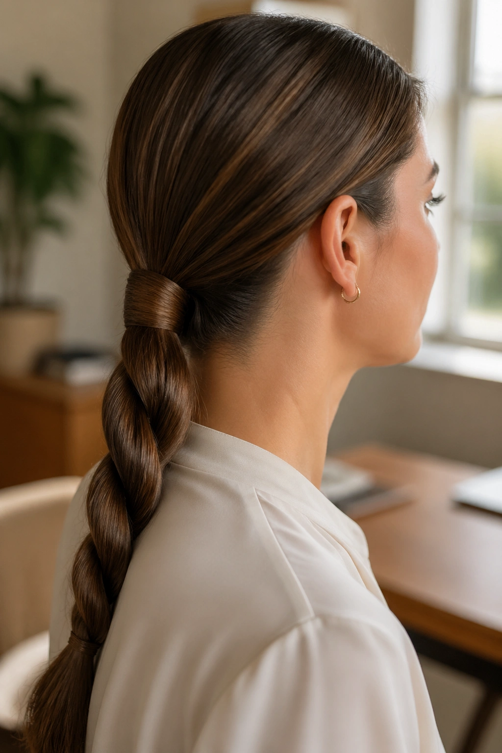 Close-up of a real woman with a low rope ponytail and wrapped base at the nape, natural window light