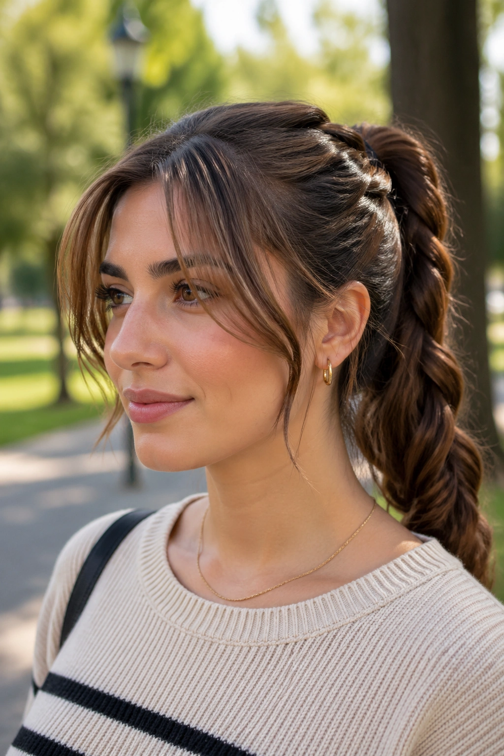 Real woman with mid-height rope braid ponytail and soft front pieces.