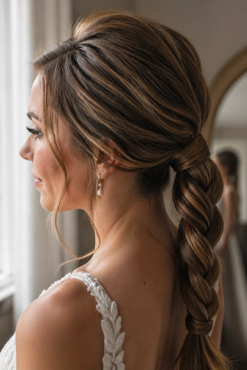 Close-up bridal portrait of a rope-braid ponytail wrapped at the base