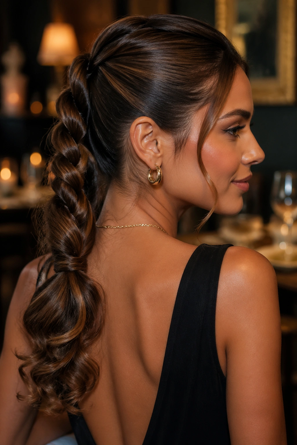Close-up portrait of a real woman with a rope braid ponytail and curled ends in warm evening light