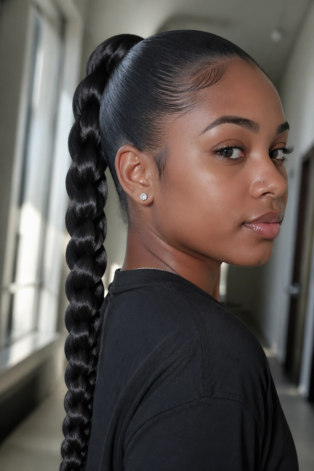 Close-up of real woman with rope braid ponytail and glossy ends.