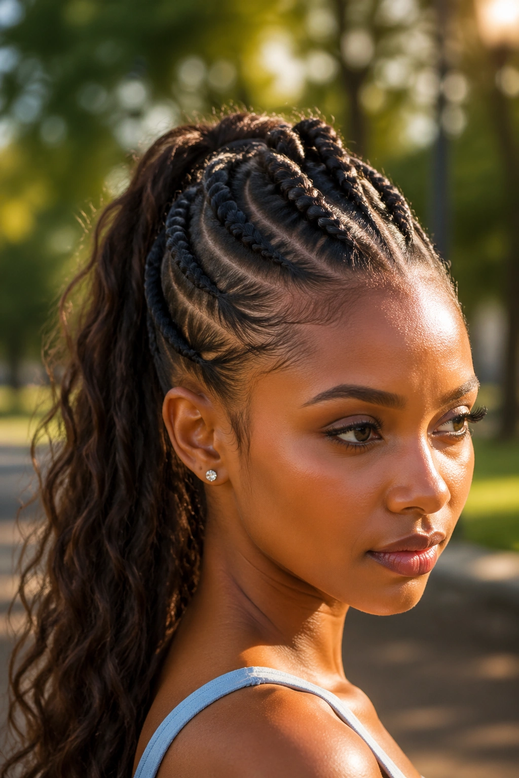 Close-up of a real person with a rope-braid front and ponytail hawk silhouette.