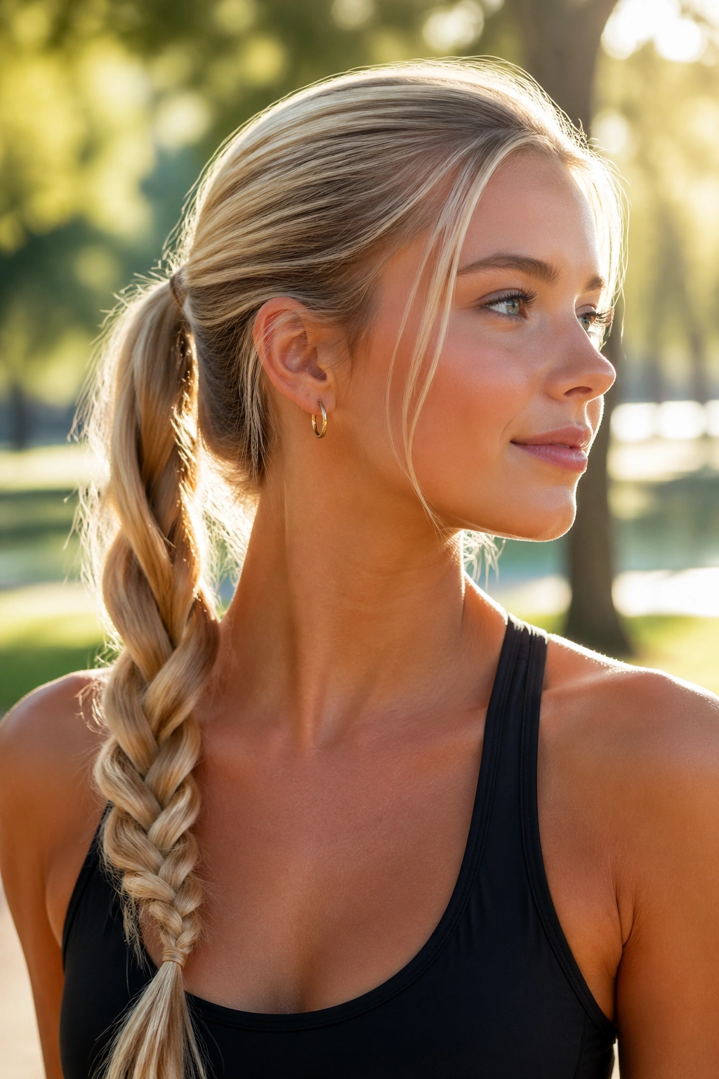 Close-up of a real woman with a rope braid ponytail in a park