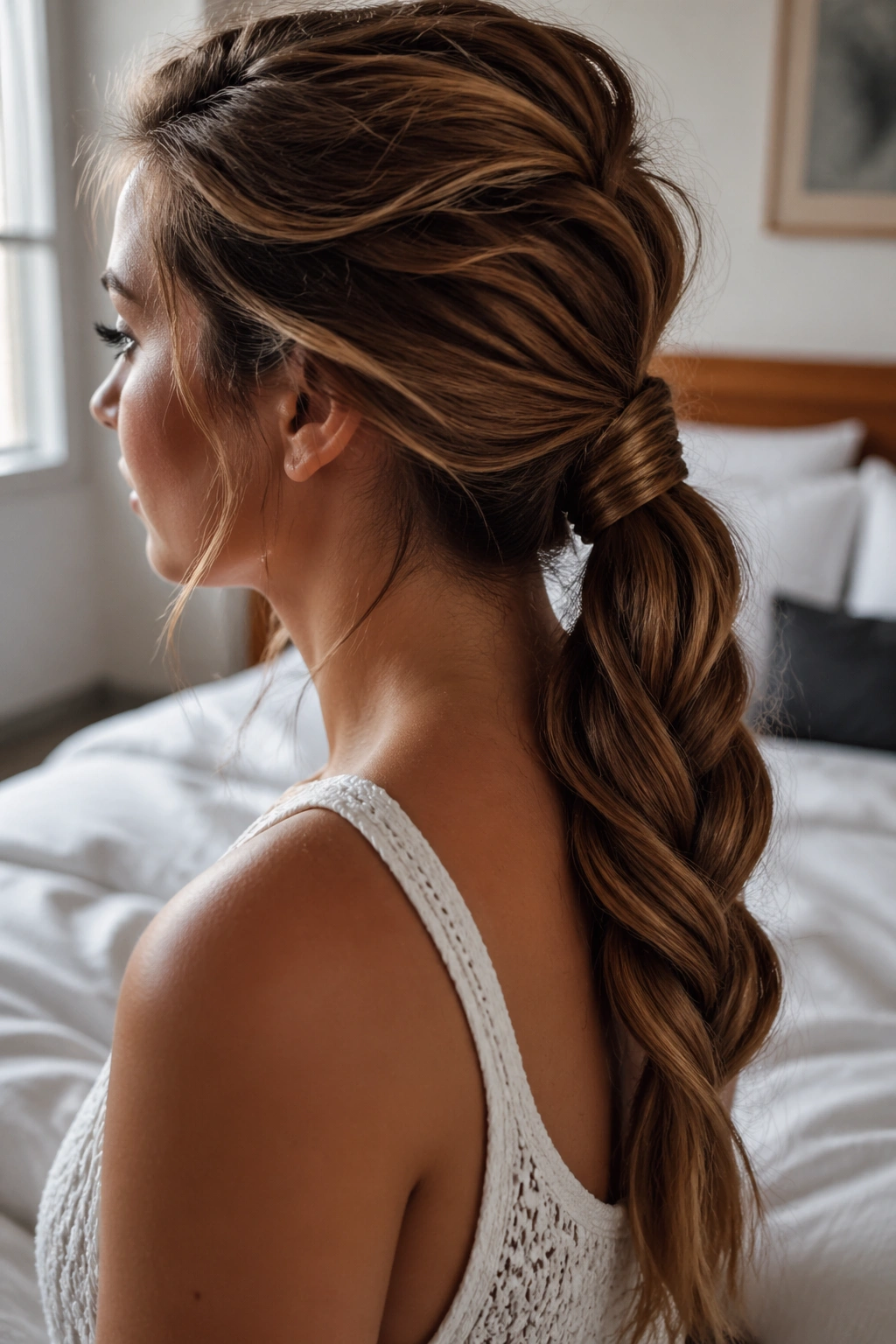 Close-up of a real woman with a rope braid ponytail and loose wrap at the base