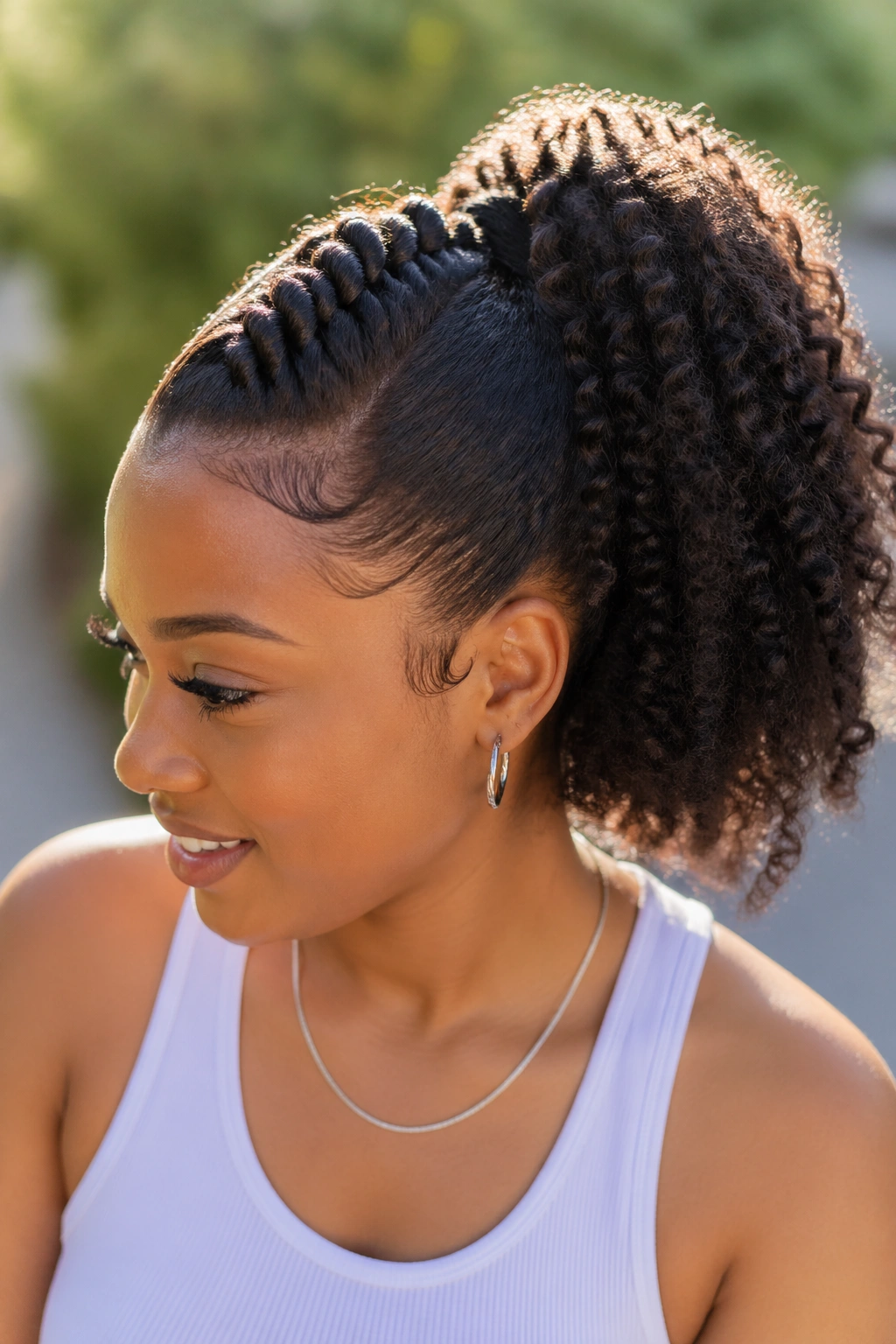 Close-up of rope braid forming a ponytail with a puffy tail on a real person.