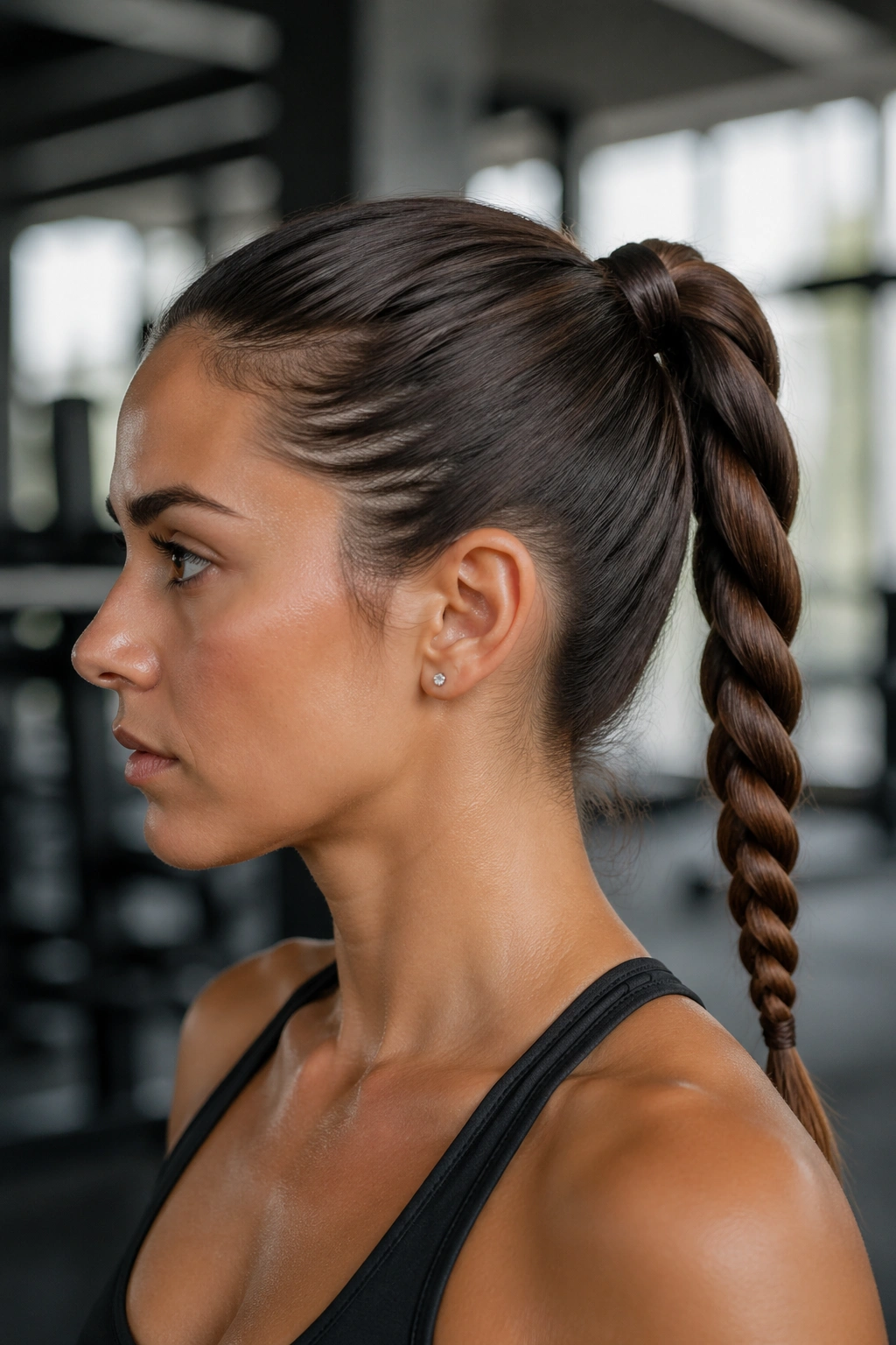 Close-up of a real woman with a rope braid ponytail twisted into a secure back ponytail