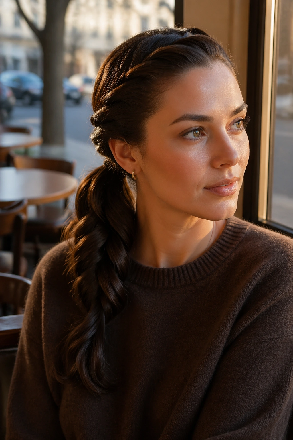 Close-up of a real woman with Side-Swept Rope Braid Ponytail