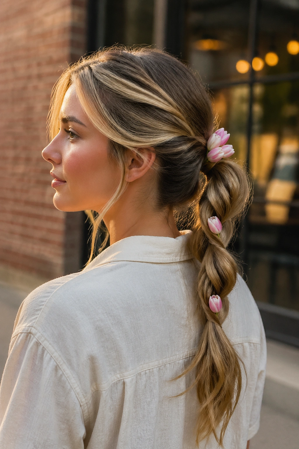 Profile of a real woman with a rope braid ponytail adorned with tulips.