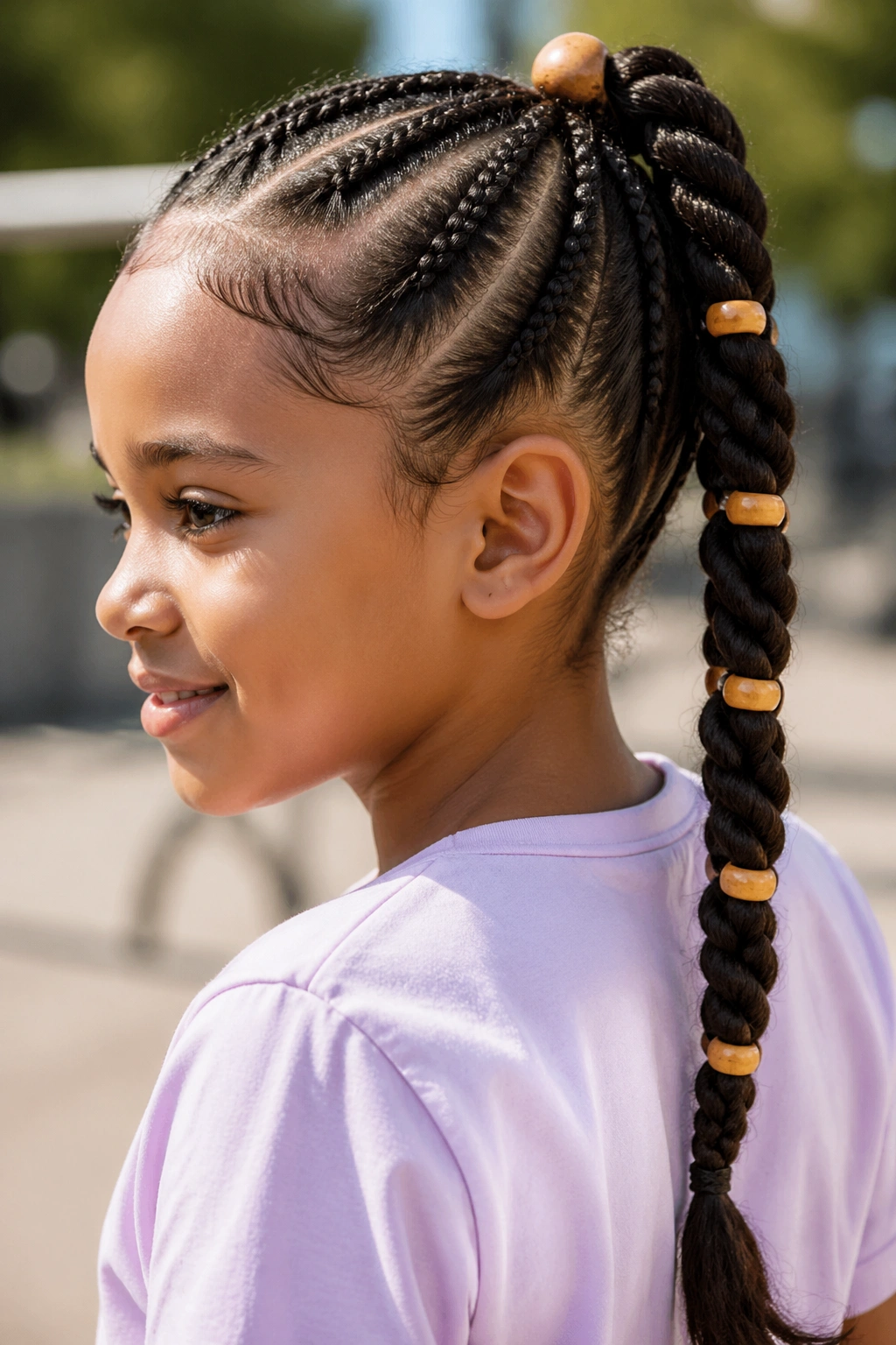 Child with rope braid ponytail and wooden spacers.