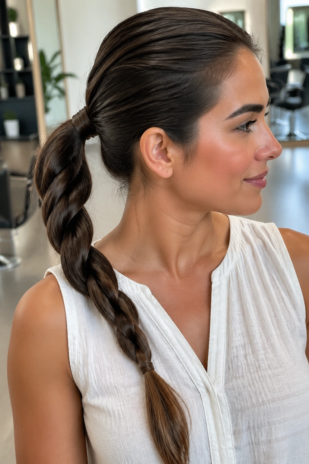 Real woman with rope braid ponytail wrapped elastic at the base.