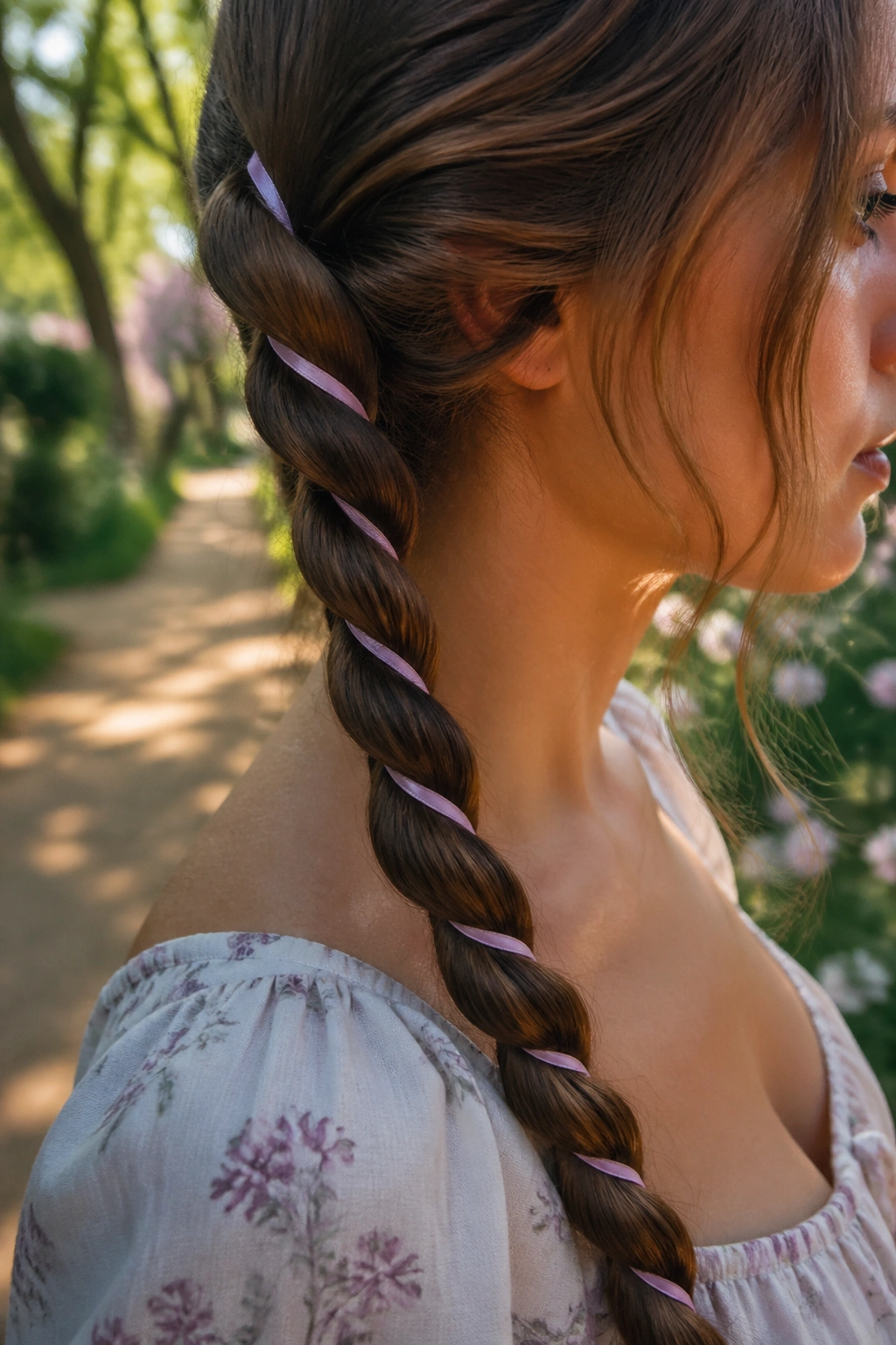 Close-up of a real woman's rope braid wrapped with a thin ribbon