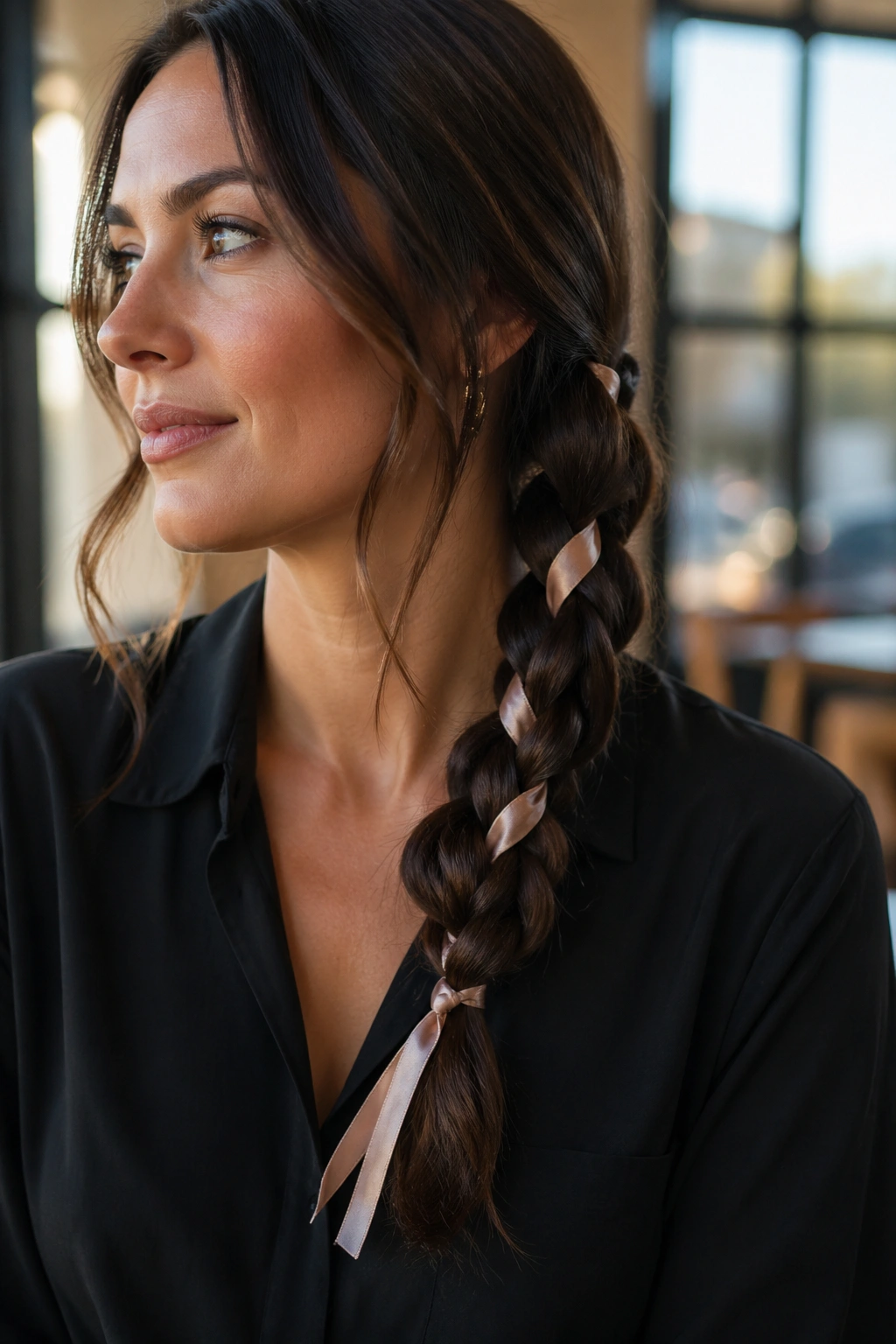 Close-up of a real woman with rope braid threaded through a slim ribbon