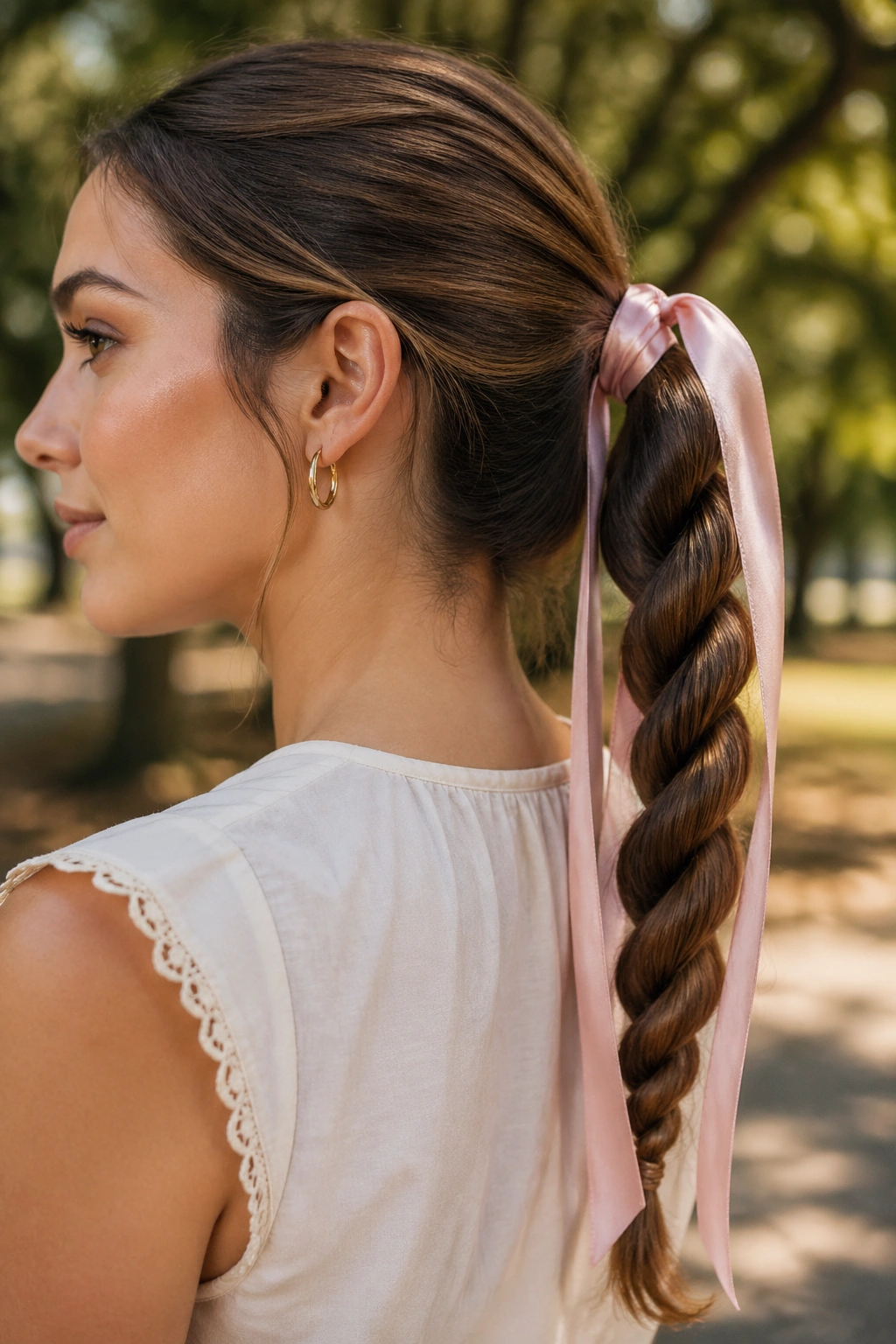 Close-up of a woman with a rope braid ponytail tied with a satin ribbon outdoors in soft sunlight
