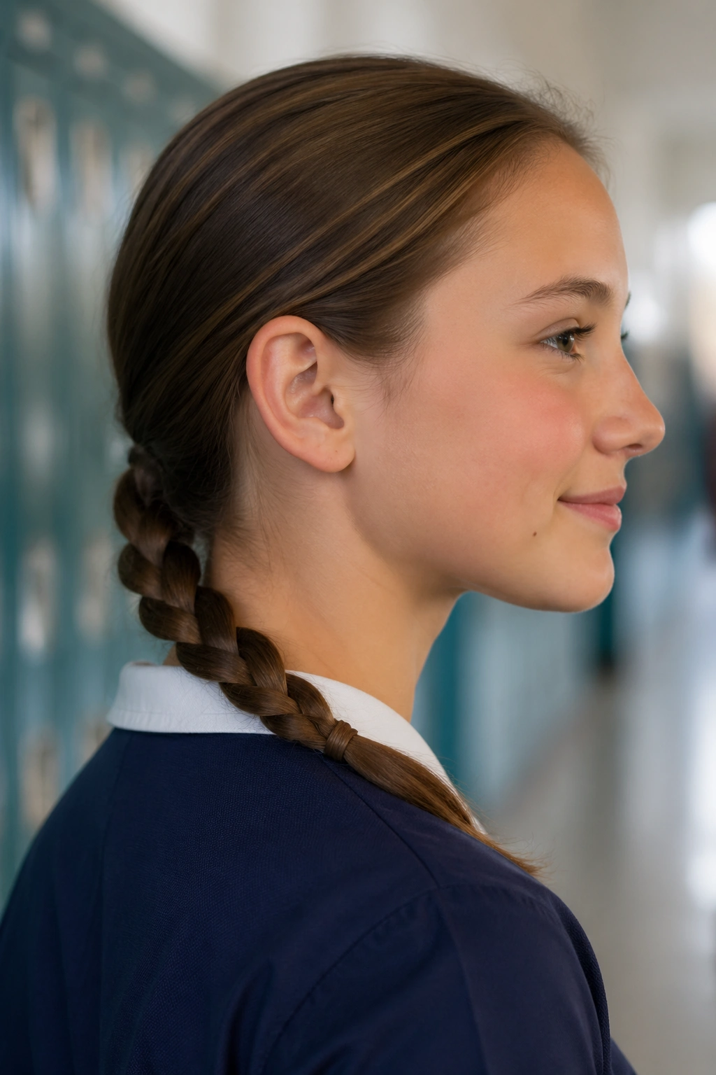 Close-up of rope braid at the nape on a real student in a school hallway