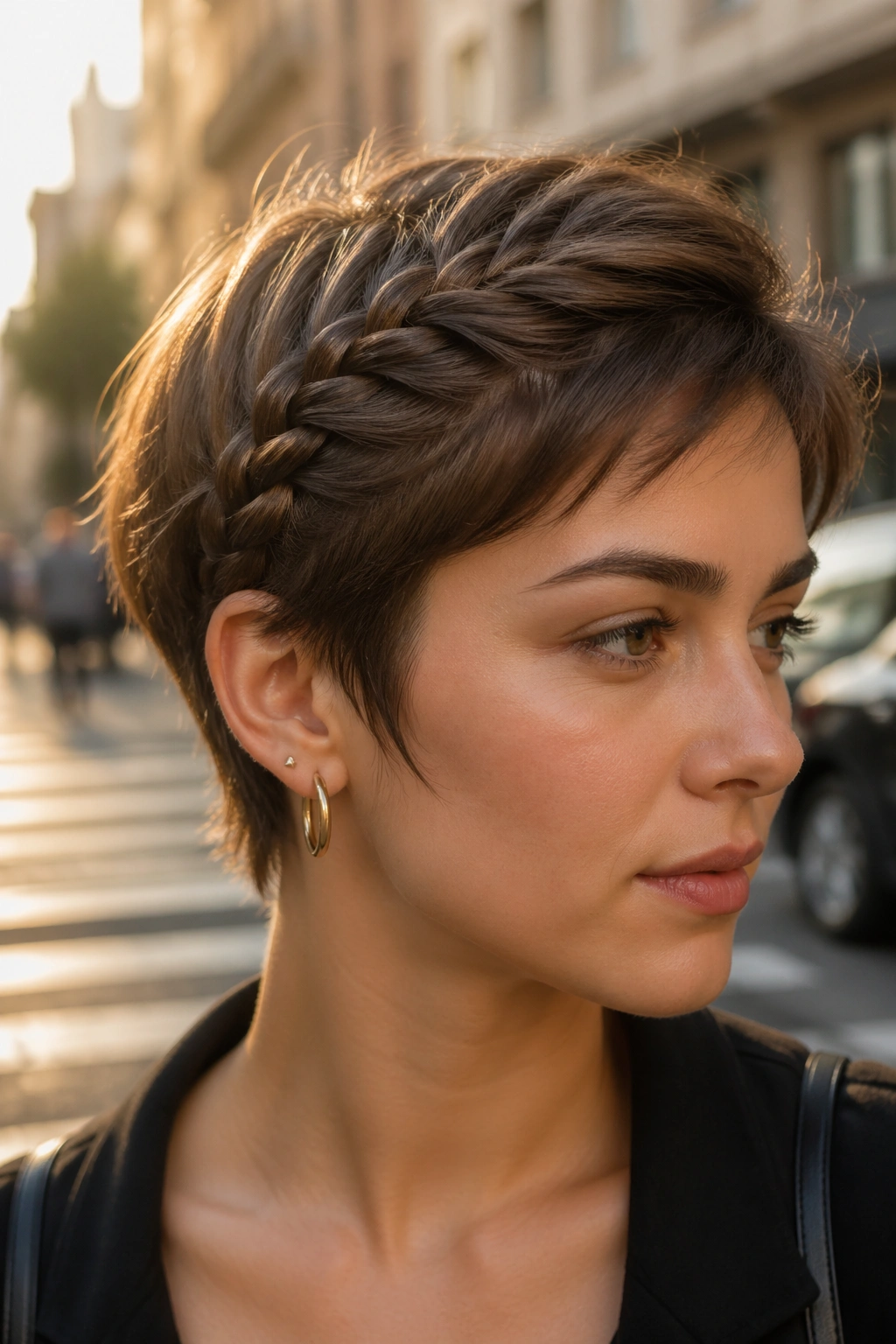 Close-up of a real woman with a rope braid along the side of short layered hair.