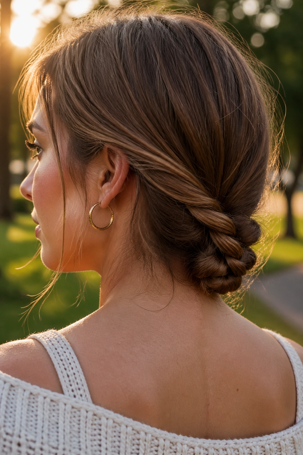 Close-up of a real woman's head showing a rope braid at the nape