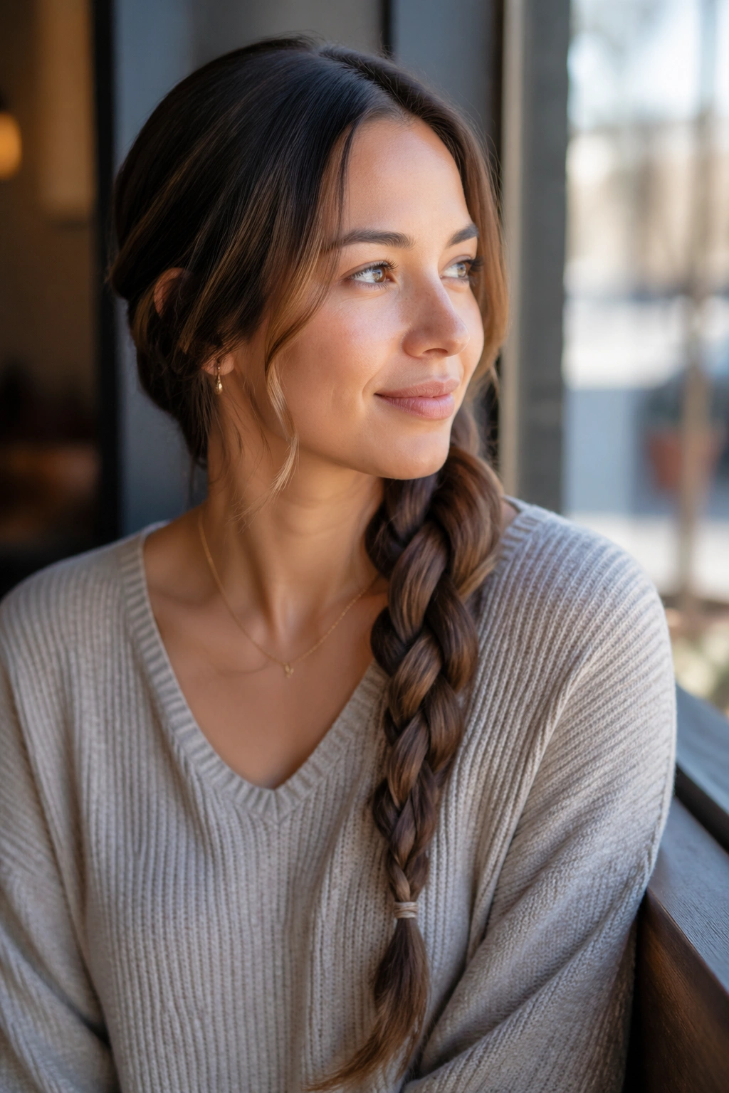Close-up of a real woman with a side rope braid over one shoulder in warm cafe light