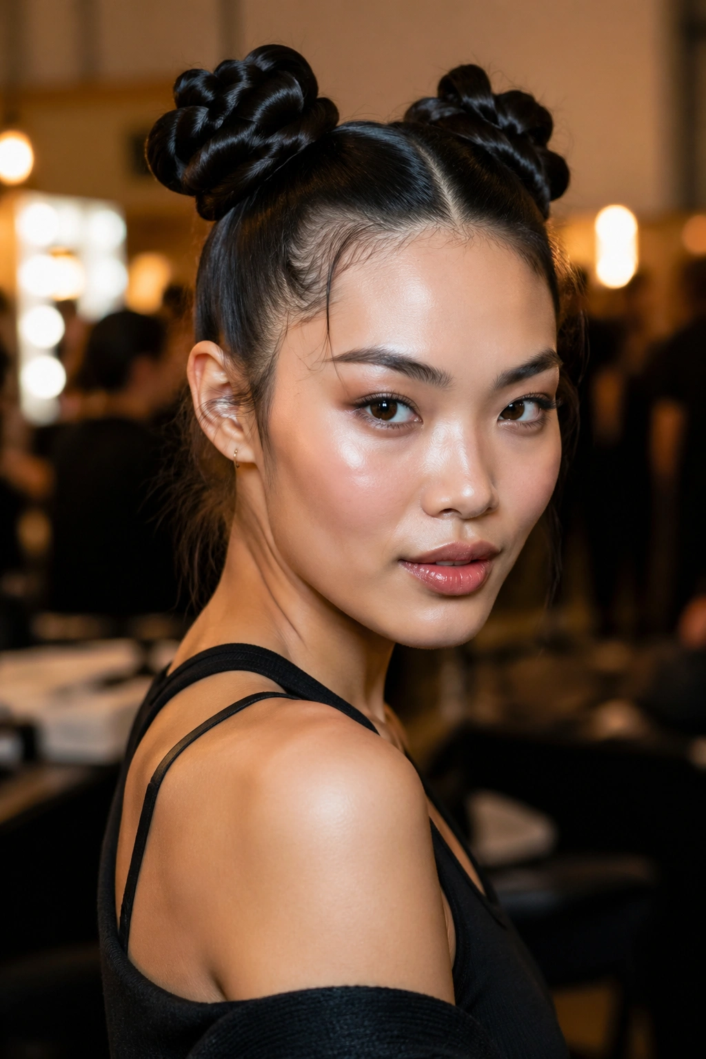 Head-and-shoulders portrait of a real person with two high rope-braid space buns.