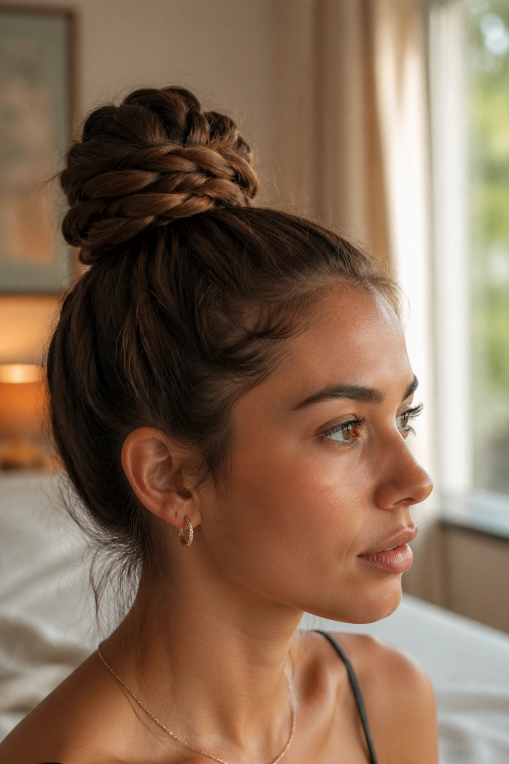 Close-up of a real woman with a rope braid topknot at the crown