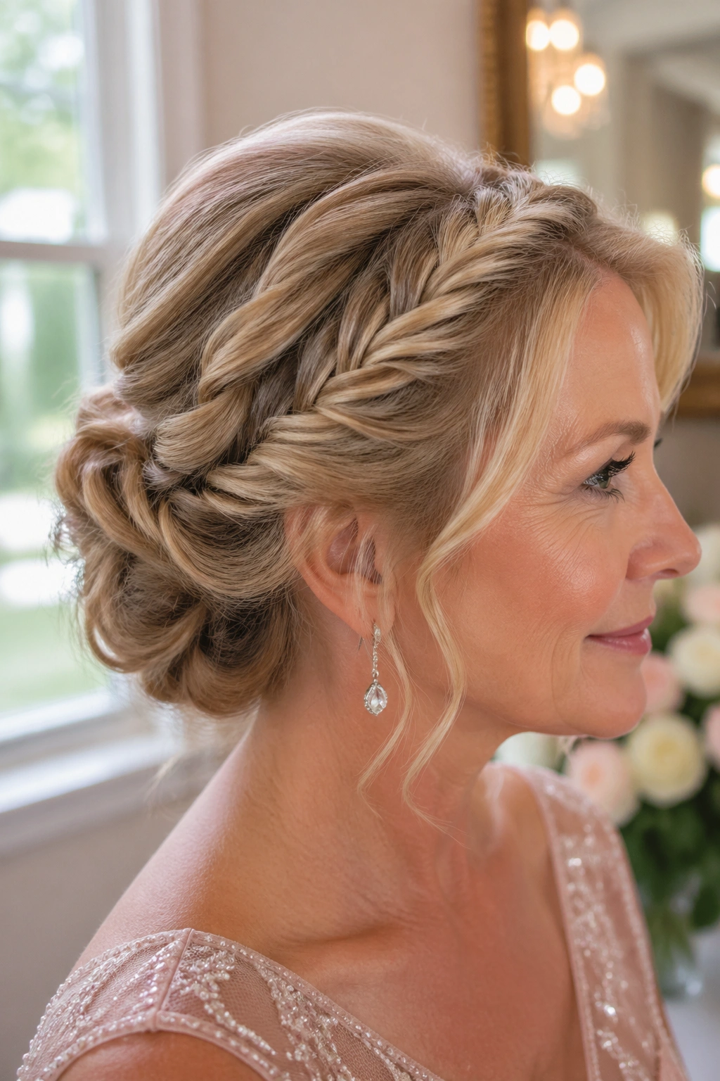 Close-up of a real woman with rope braid updo for fine hair lift.