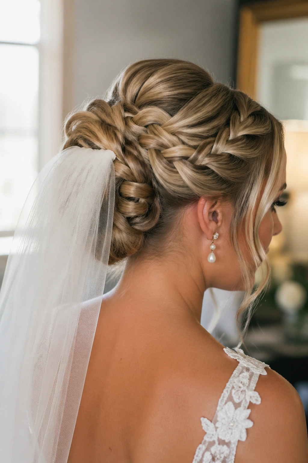 Bride with rope braid updo and veil anchor