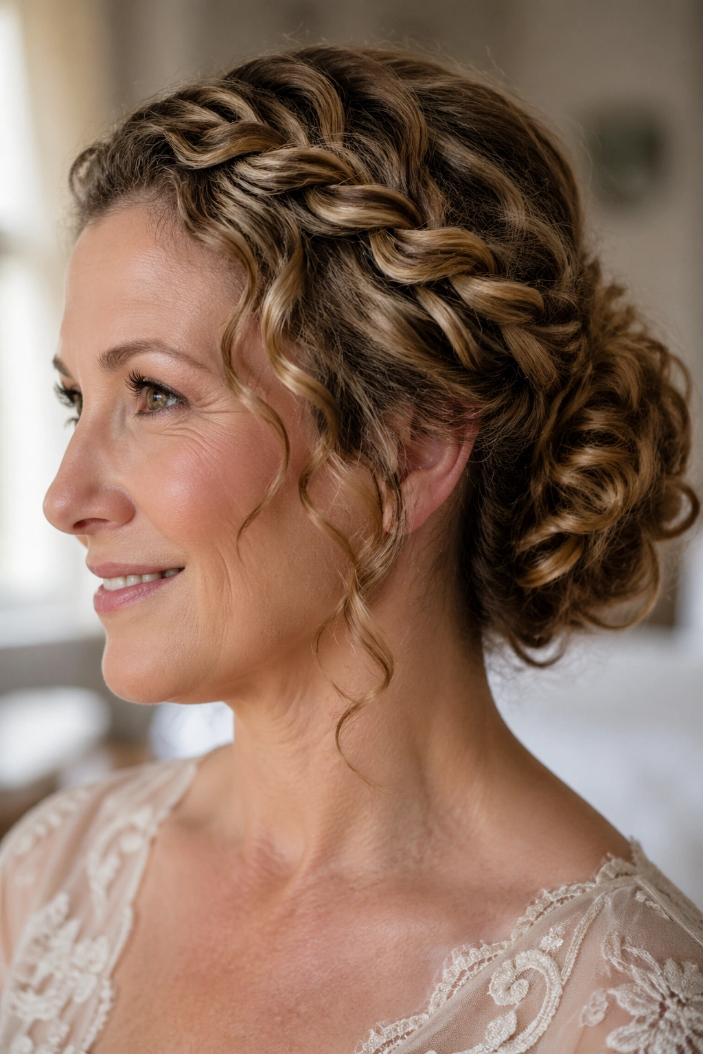 Close-up portrait of a real woman with a rope braid updo for curly or wavy hair in a bridal setting