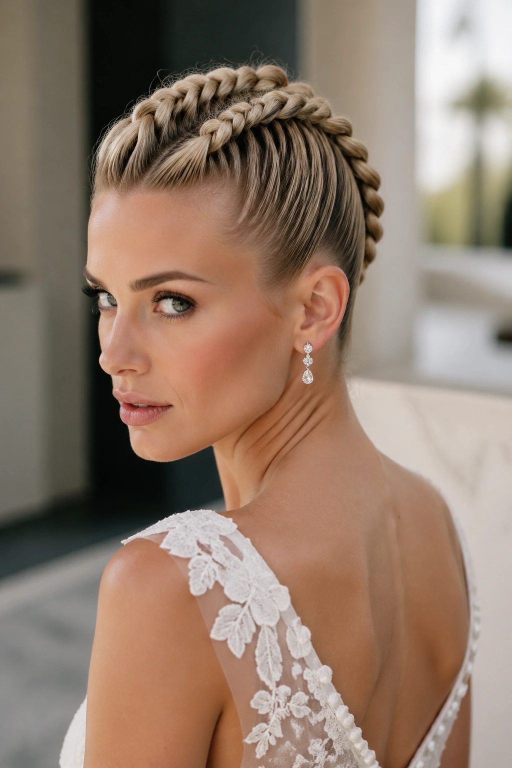 Bride with rope-braided mohawk hairstyle