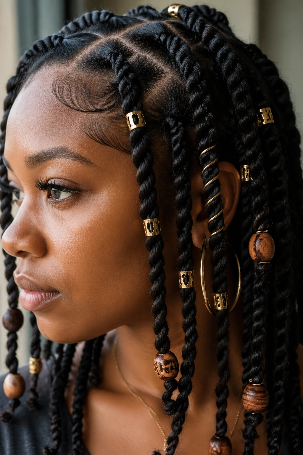 Rope braids adorned with beads and cuffs on a real person.