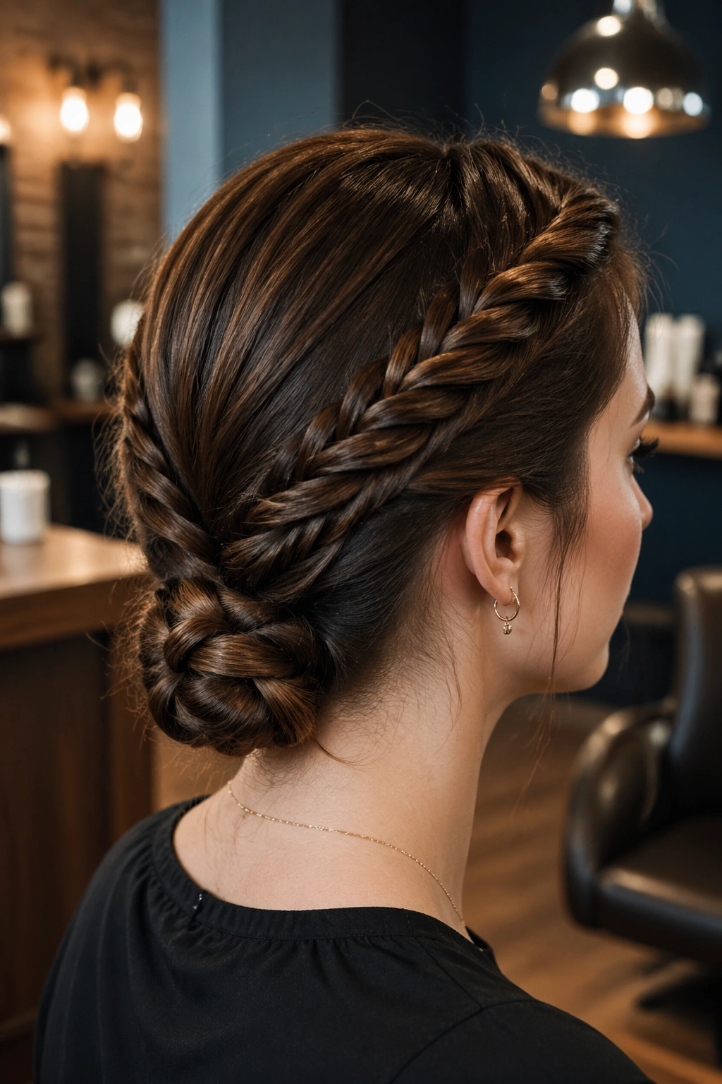 Close-up of a real woman with two rope braids forming a low knot at the back of the head