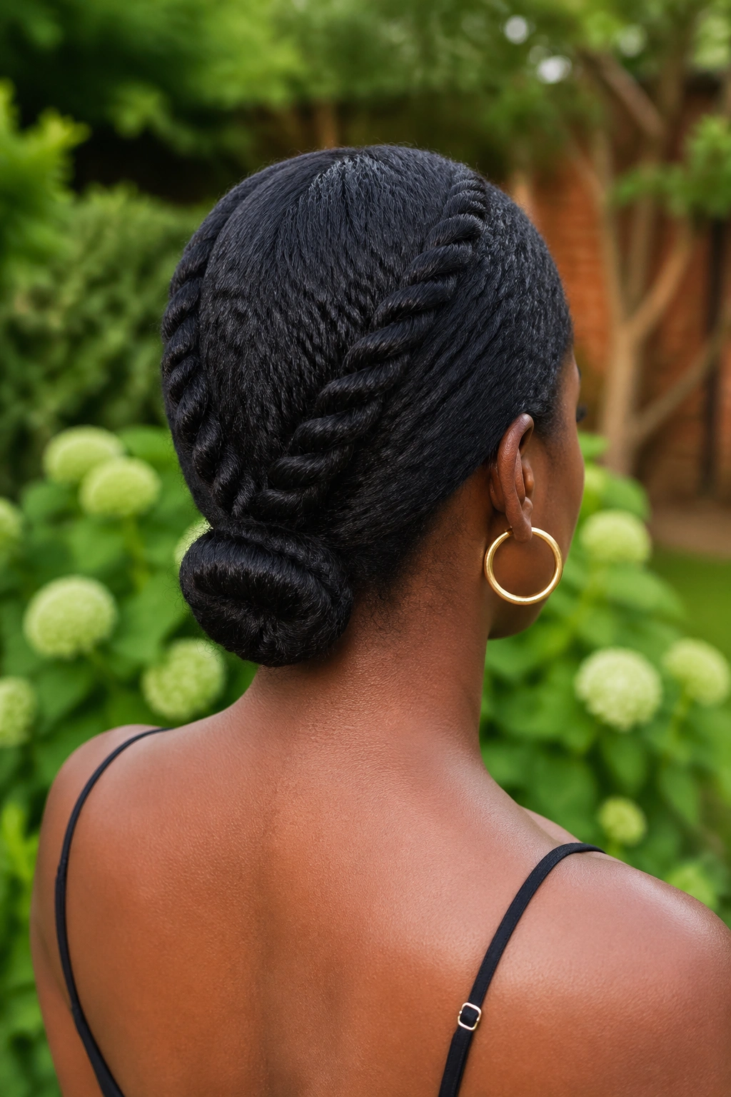 Back of head view showing two rope braids wrapped into a low bun at the nape of the neck on a real person.