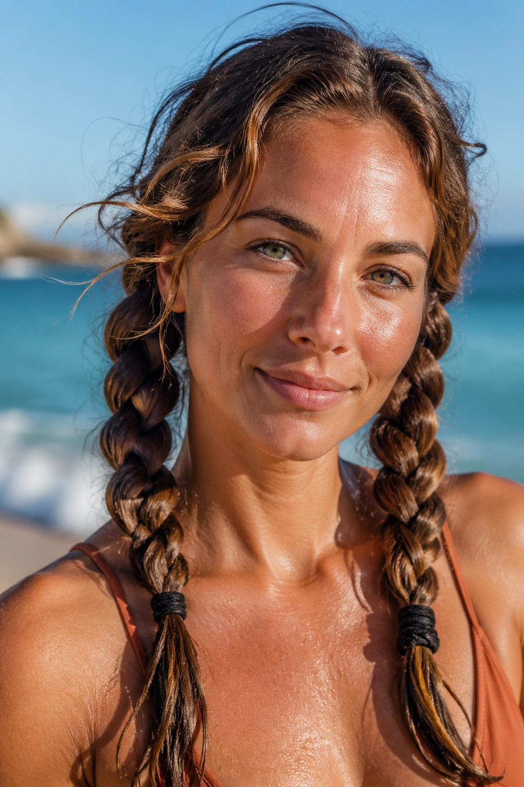 Close-up of rope braid pigtails on real person at the beach