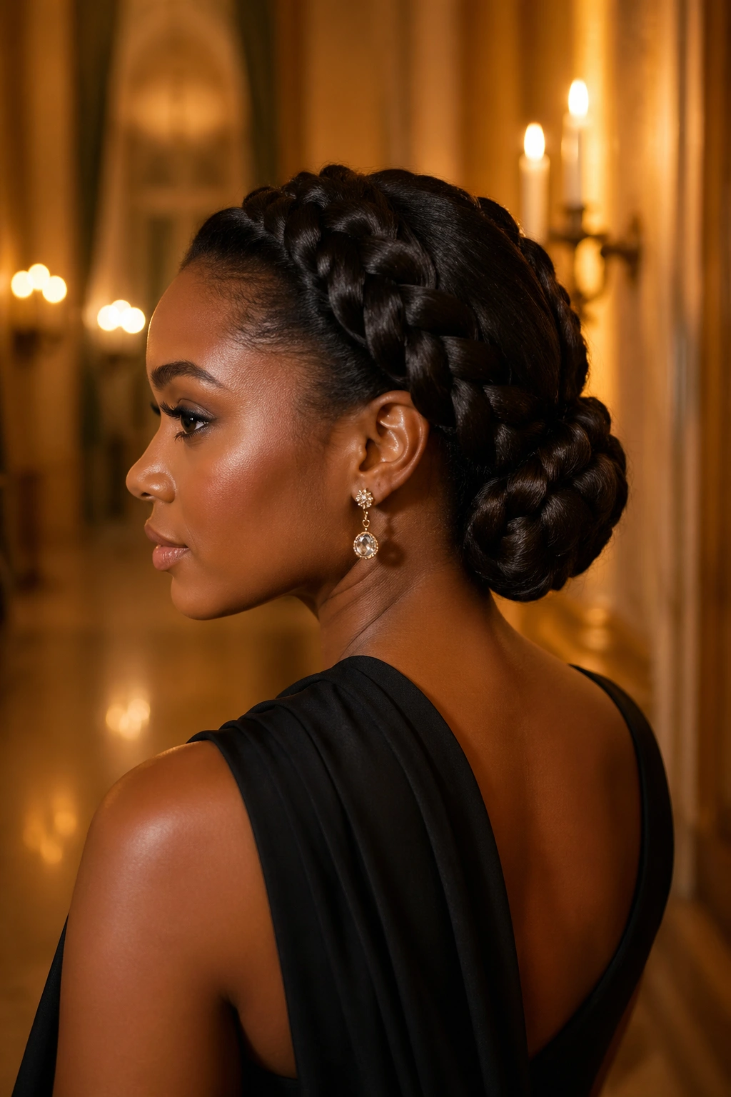 Close-up of a real woman with a long braid wrapped into a roped chignon at the nape, candlelit backdrop.