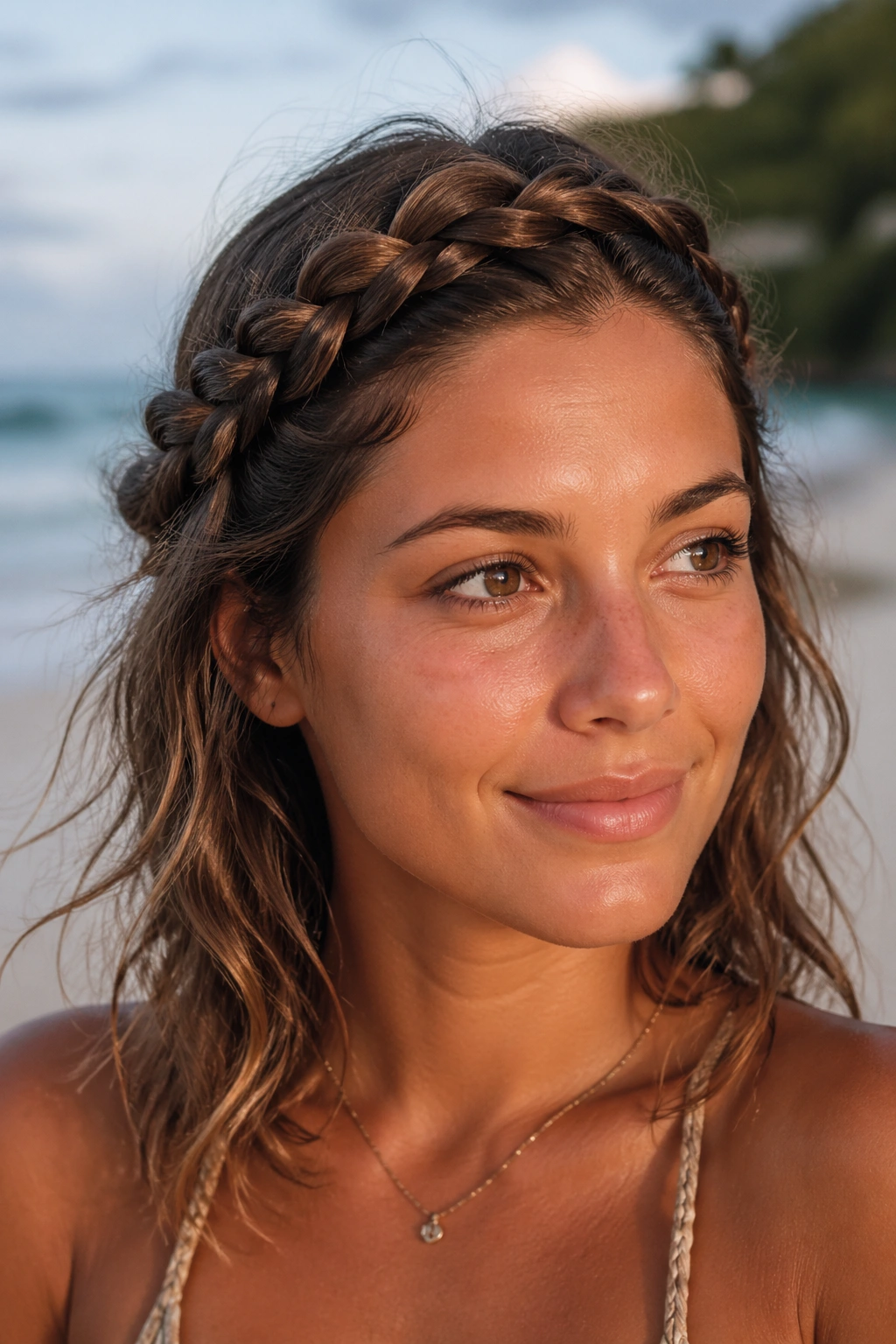 Close-up of rope crown braid along hairline on real person at the beach
