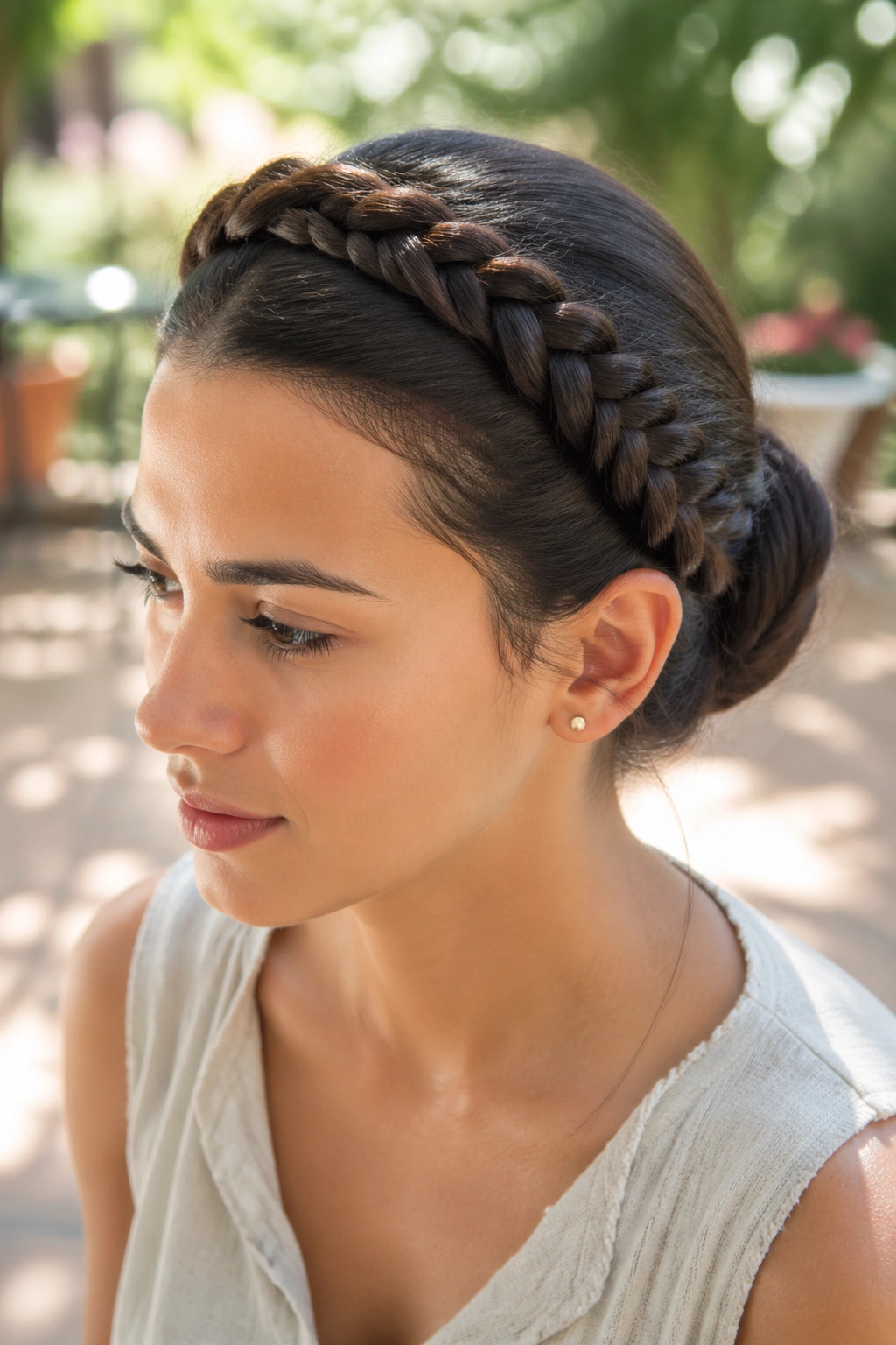 Close-up of real woman with rope braid crown bun in garden setting