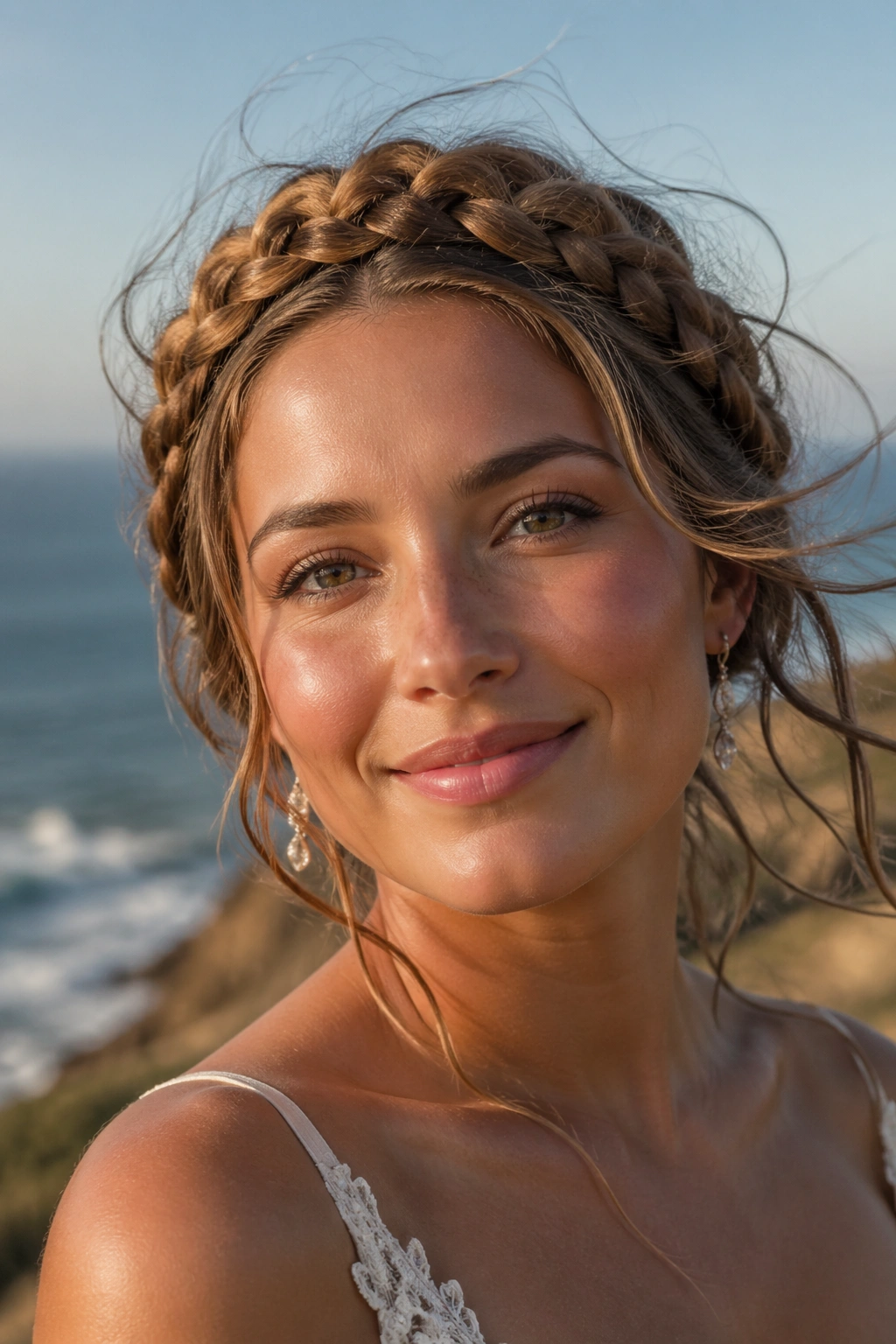 Bride wearing rope braid crown framing her face on a beach