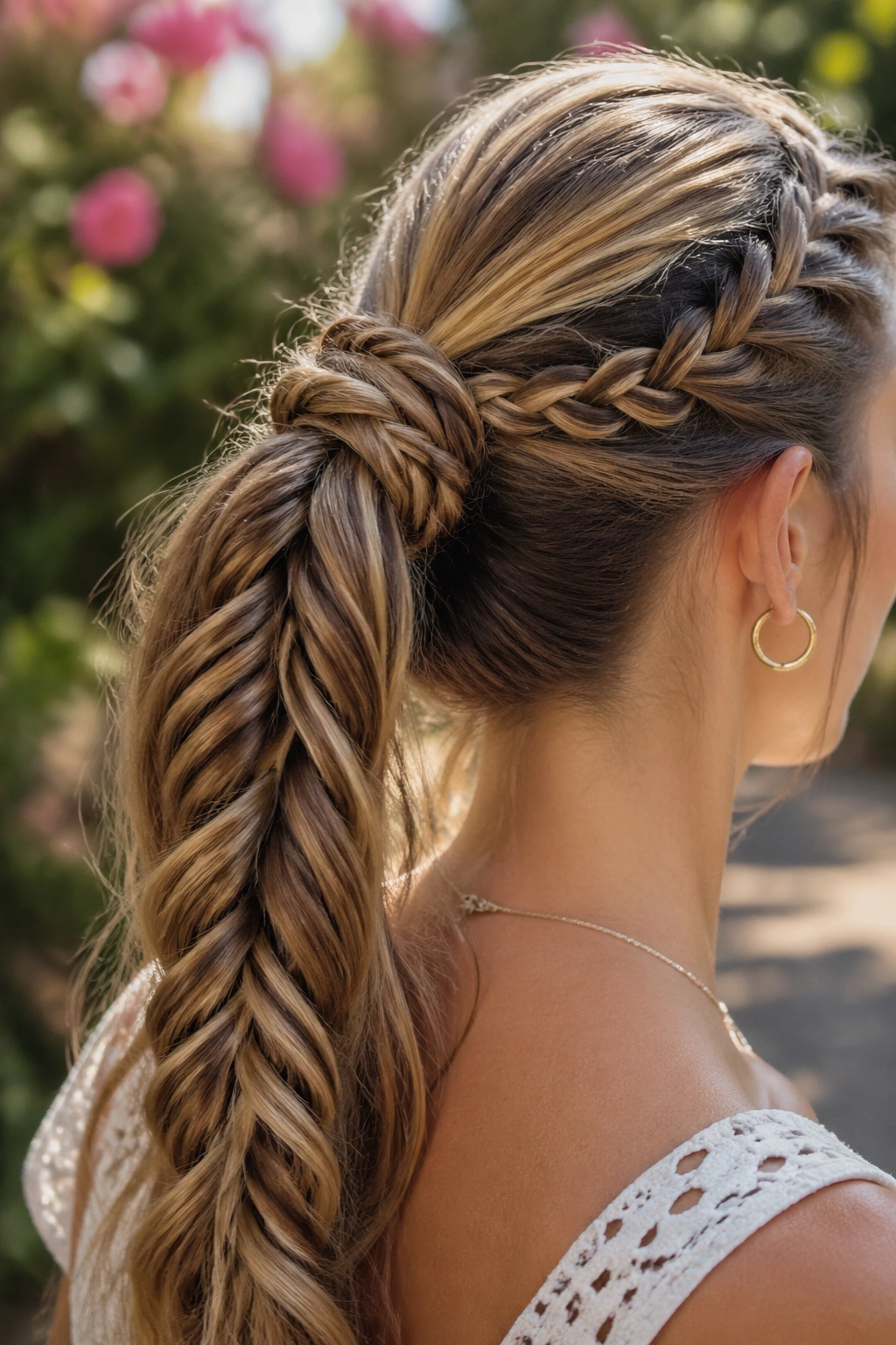 Close-up of rope-detail snake braid ponytail on a real person in a garden