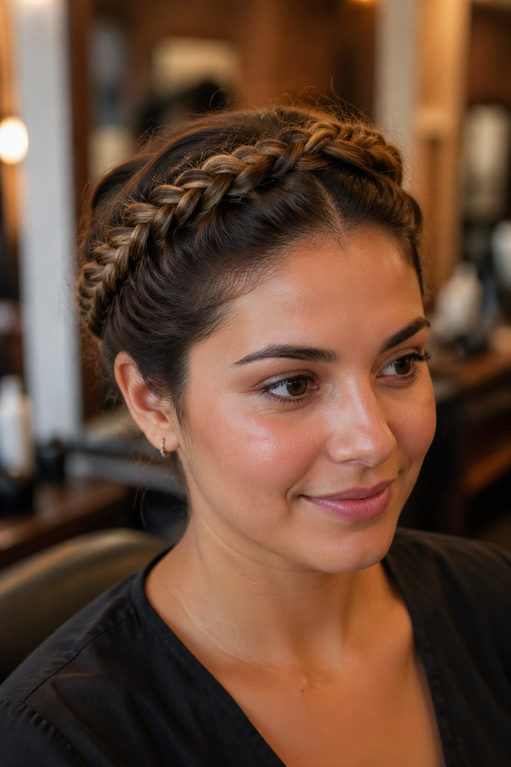 Close-up of a real woman with a rope halo braid wrapped around the head in a salon setting