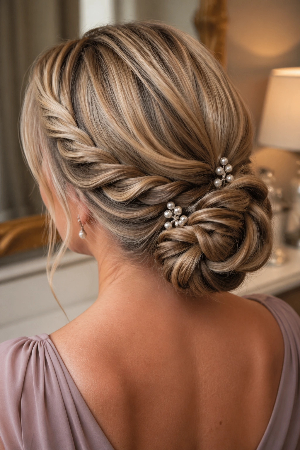Close-up of a real woman with a twisted rope knot and pearl pins.