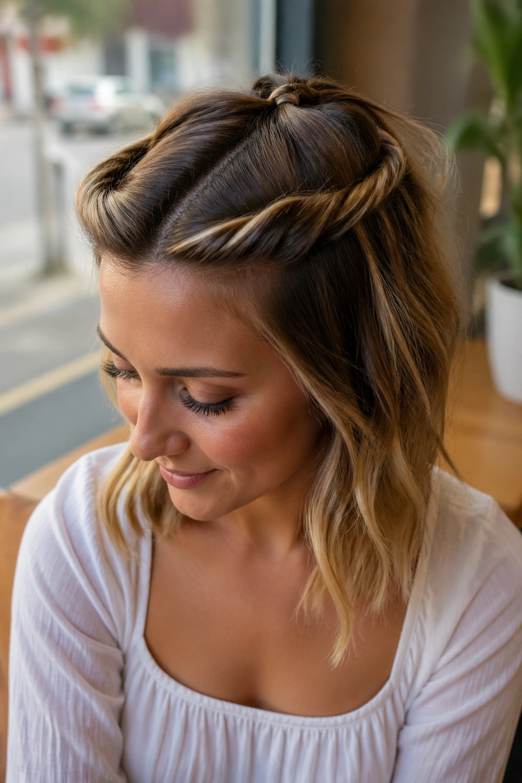 Close-up of a real woman's head with two front twists blending into a small back braid