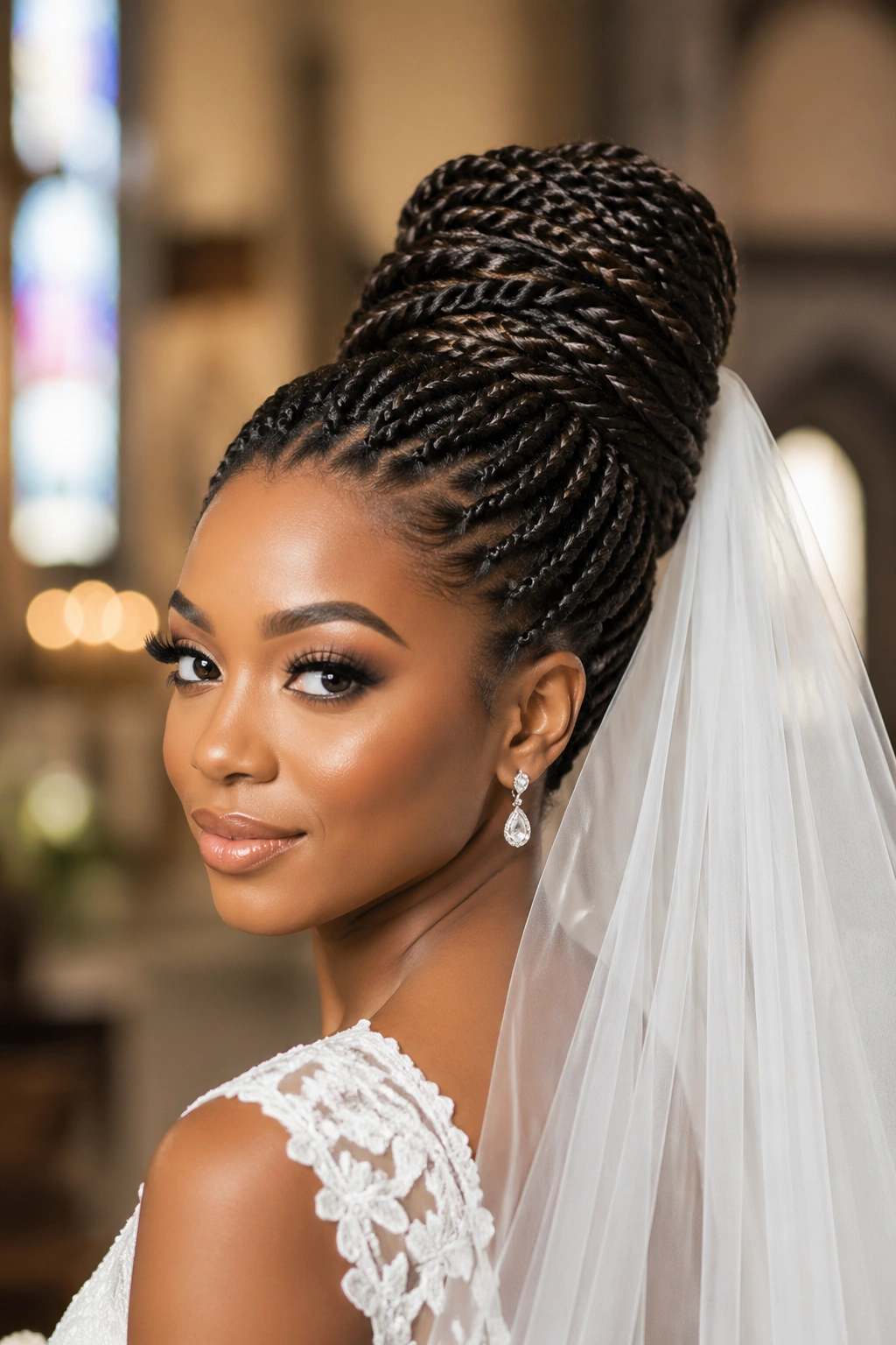 Bride with rope-twist beehive and cathedral veil in church interior