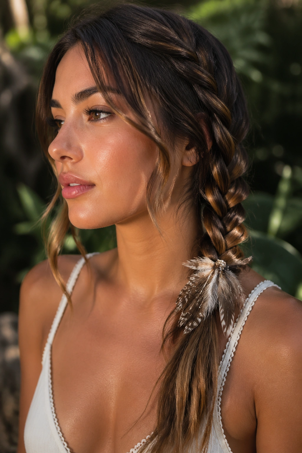 Close up of rope twist with feather accents on a real woman outdoors