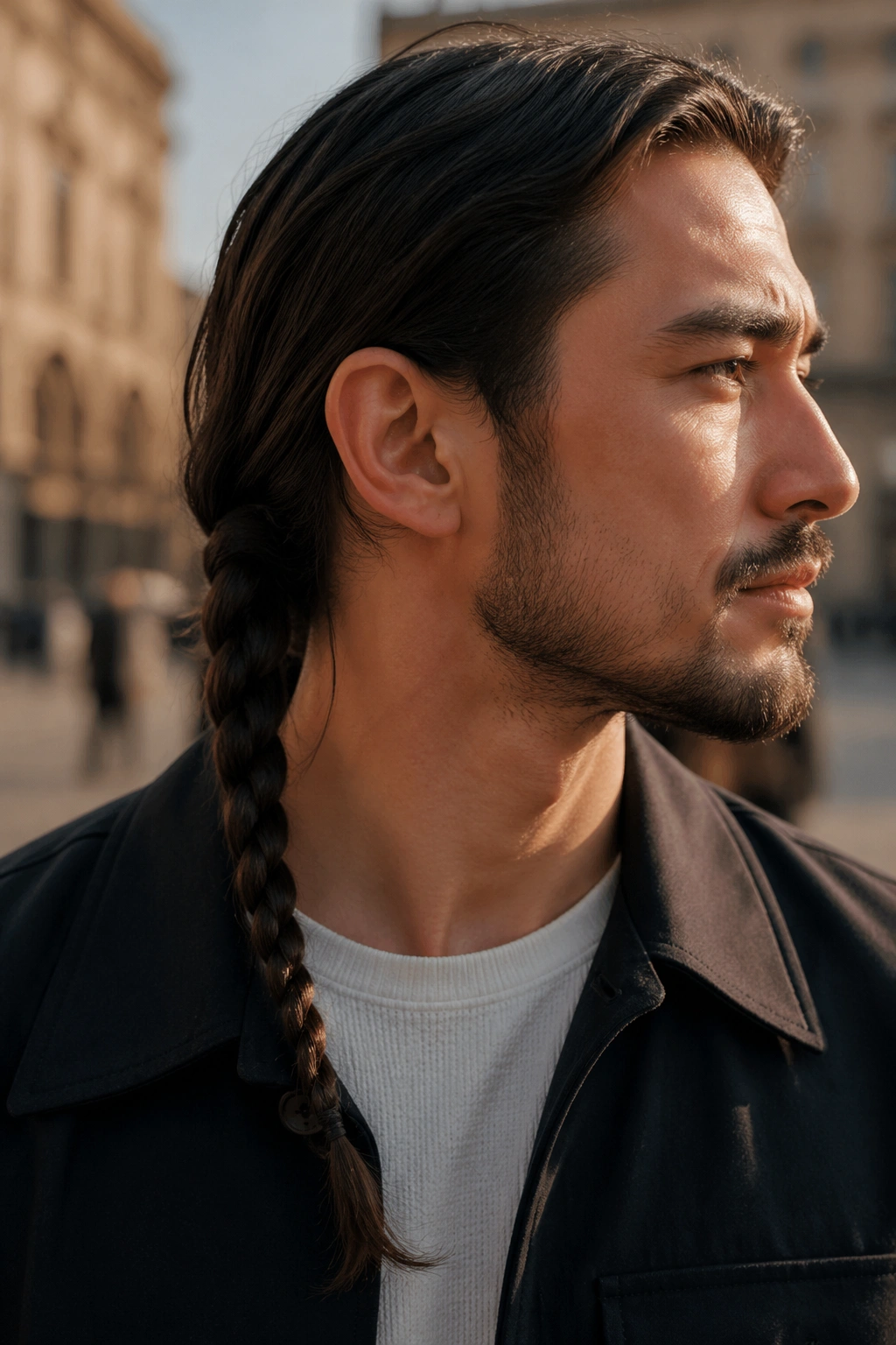Close-up portrait of a man with a rope twist braid