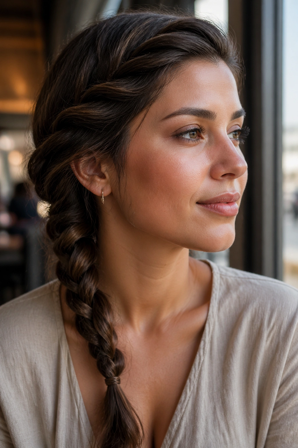 Close-up of a real woman's head with a rope twist side braid bending at the jaw